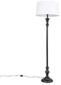 Lampada da terra nera con paralume in lino bianco 45 cm - Classico