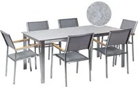 Set da giardino con 6 posti in acciaio inox con tavolo piano in vetro grigio e Sedie in tessuto grigio esterno moderno set elegante