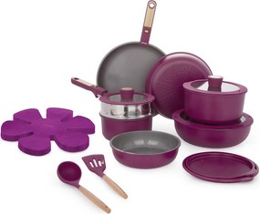 Batteria 21 pezzi con manici staccabili melanzana