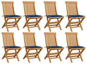 Sedie da giardino con cuscini blu reale 8 pz massello di teak