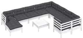 Set Divani da Giardino 11 pz con Cuscini Legno di Pino Bianco