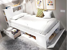 Letto singolo con testiera portaoggetti e cassetto - 90 x 190 cm Bianco - LEANDRE