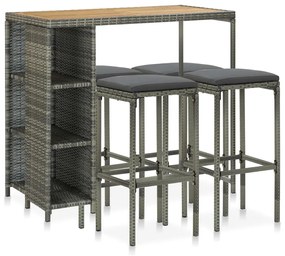 Set da bar da giardino 5 pz con cuscini in polyrattan grigio