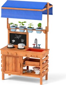 Costway Cucina da gioco in legno cucina da gioco con tetto regolabile, Lavagna tazze per piante fornelli Naturale 136x77x56,5 cm