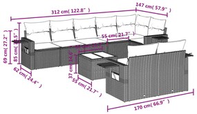 Set Divani da Giardino 9 pz con Cuscini Nero in Polyrattan