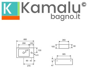 Kamalu - lavabo bagno piccolo 46 cm con design foro miscelatore a destra | litos-s50