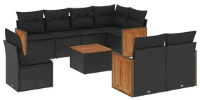 Set divani da giardino 9 pz con cuscini nero in polyrattan