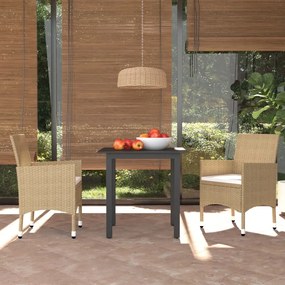 Set Da Pranzo Da Giardino 3 Pz Con Cuscini İn Polyrattan Beige /