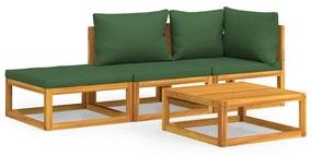 Set Salotto da Giardino 4 pz con Cuscini Verdi Legno Massello