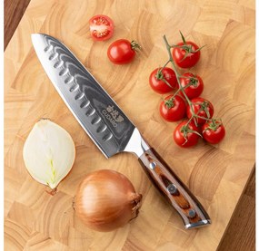 Gudaro - Coltello da cucina santoku in acciaio damascato FENG 7,5", 67 strati d'acciaio, lunghezza 18 cm