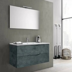 Mobile Bagno Sospeso Effetto Pietra 80cm Due Cassetti e Specchio con Lampada