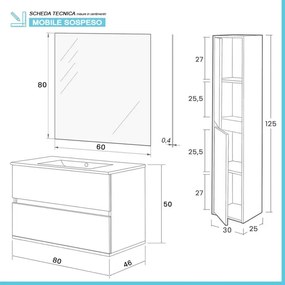 Mobile bagno sospeso 80 cm rovere bianco con pensile H 125 cm Nadia