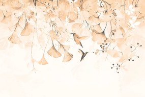 Carta da parati – Foglie con Colibrì in Tonalità Peach Fuzz