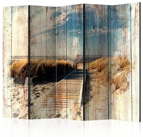 Paravento Spiaggia di Legno II - Paesaggio marino su vecchie tavole di legno
