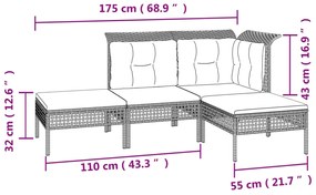 Set Divani da Giardino 4 pz con Cuscini in Polyrattan Grigio