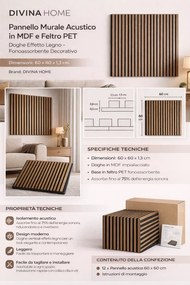 Set 12 Pannelli Decorativi 60x60 cm Motivo a Doghe in MDF e Feltro PET Rivestimento Murale Fonoassorbente Noce Chiaro...