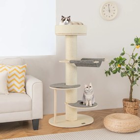 Costway Albero per gatti da 120cm con tiragraffi in sisal rinforzato tappetino in sisal, Torre per gatti in legno multi-livello Grigio