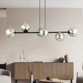 Lampadario Contemporaneo 6 Luci Rossi In Acciaio Nero E Sfere In Vetro Fumè