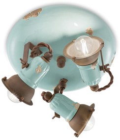 Plafoniera Vintage Loft Ferro E Ceramica Azzurro 3 Luci E14