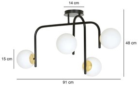 Lampadario 4 Luci Kalf In Acciaio Nero A Bracci E Sfere In Vetro Opalino E Oro