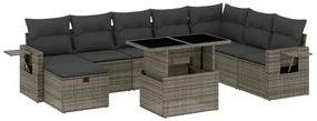Set divano da giardino 9 pz con cuscini grigio in polyrattan