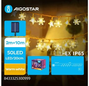 Aigostar - Catena di Natale solare a LED 50xLED/8 funzioni 12m IP65 bianco caldo
