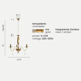 Lampadario a sospensione CECILIA in cristallo a 3 luci AMBRA