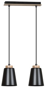 Lampadario 2 Luci Lancillotto Con Paralumi A Cono In Acciaio Nero E Legno Naturale