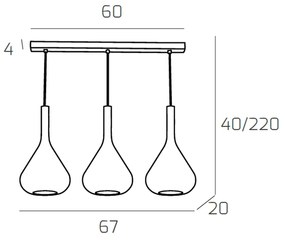 Sospensione Contemp Rett Kona Metallo Ottone Satinato Vetro Ambra 3 Luci E27