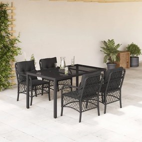 Set da pranzo da giardino 5 pz nero con cuscini in polyrattan