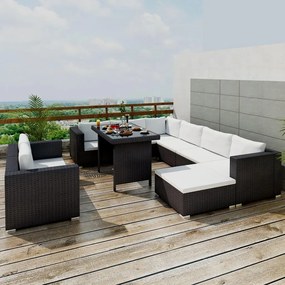 Set divani da giardino 10 pz con cuscini in polyrattan nero