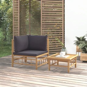 Set salotto da giardino 2pz con cuscini grigio scuro bambù