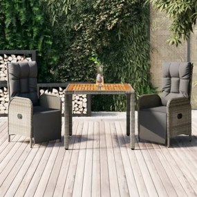 Set da Pranzo da Giardino 3 pz con Cuscini in Polyrattan Grigio