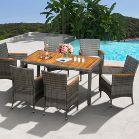 Costway Set da pranzo per esterni 7 pezzi, Set di mobili in rattan sintetico PE con tavolo da pranzo rettangolare Beige