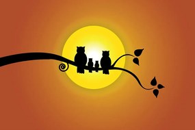 Carta da parati – Famiglia di gufi sul ramo dell'albero