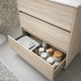 Mobile bagno a terra 60 cm rovere juta con 3 cassettoni lavabo e specchio Saxsi