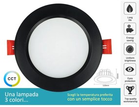 Lampada Faretto Led Da Incasso 10W CCT Dimmerabile Carcassa Nera 2700K 4000K 6000K 3 In 1 Diametro 110mm