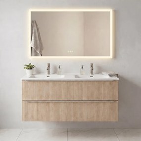 Mobile bagno sospeso Neo Groove L 121 x H 66 x P 49 cm, 2 cassetti con maniglia cromo, lavabo in ceramica con doppia vasca Maya incluso, rovere naturale cannettato