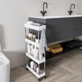 Carrello Portaoggetti A 4 Ripiani Mobile Salvaspazio In Plastica Con Ruote Struttura In Acciaio Per Spazi Ridotti Cucina Bagno Lavanderia Camera Da Letto Salotto Studio 40 x 13 x 85 Cm (Bianco)