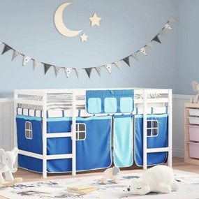 Letto A Soppalco Con Tende Bambini Blu 90x200 Cm Massello Pino /