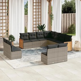 Set divani da giardino 11 pz con cuscini in polyrattan grigio