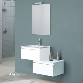 Mobile Bagno Sospeso "Albatros" Da 60 Cm Con Due Cassetti Sfalsati Lavabo E Specchio Con Lampada Led Finitura Bianco Opaco