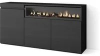 Credenza, Mobile soggiorno 150x75x35cm, 3 Porte, Camino elettrico, Stile moderno, Nero