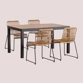 Set Tavolo Allungabile Rettangolare In Alluminio (150-197x90 Cm) Saura E 4 Sedie Da Giardino In Rattan Sintetico Aroa Grigio Grafite - Sklum