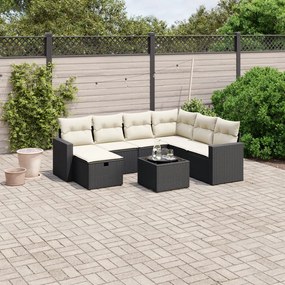 Set divani da giardino con cuscini 8 pz nero in polyrattan