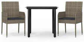 Set salotto giardino 3 pz con cuscini nero e grigio polyrattan