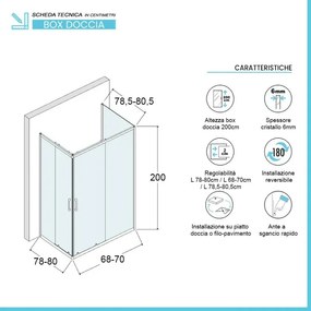 Box doccia 80x70x80 cm con doppio scorrevole trasparente H 200 cm Ted