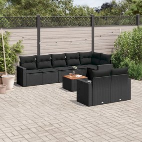 Set divani da giardino 9 pz con cuscini nero in polyrattan