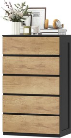Cassettiera 5 Cassetti 60x39x100 cm con Guide in Metallo e Maniglie Scanalate in Legno Nero e Rovere...
