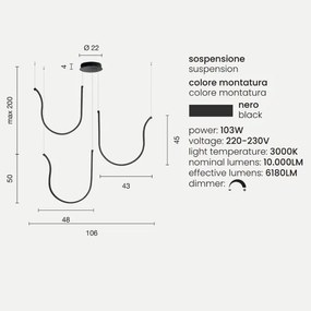 Lampada a sospensione ARQUA 3 Luci in metallo verniciato 106 cm NERO